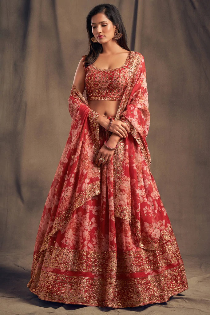 Red Zari Embroidery Organza Occasional Wear Lehenga