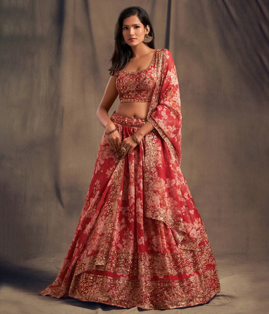 Red Zari Embroidery Organza Occasional Wear Lehenga