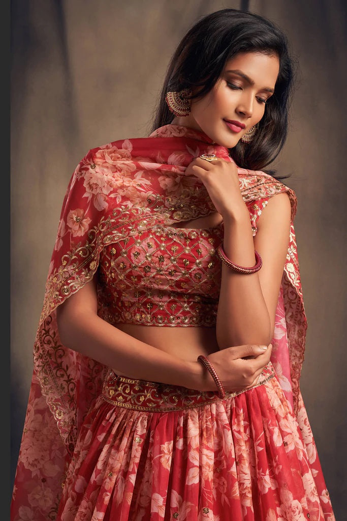 Red Zari Embroidery Organza Occasional Wear Lehenga