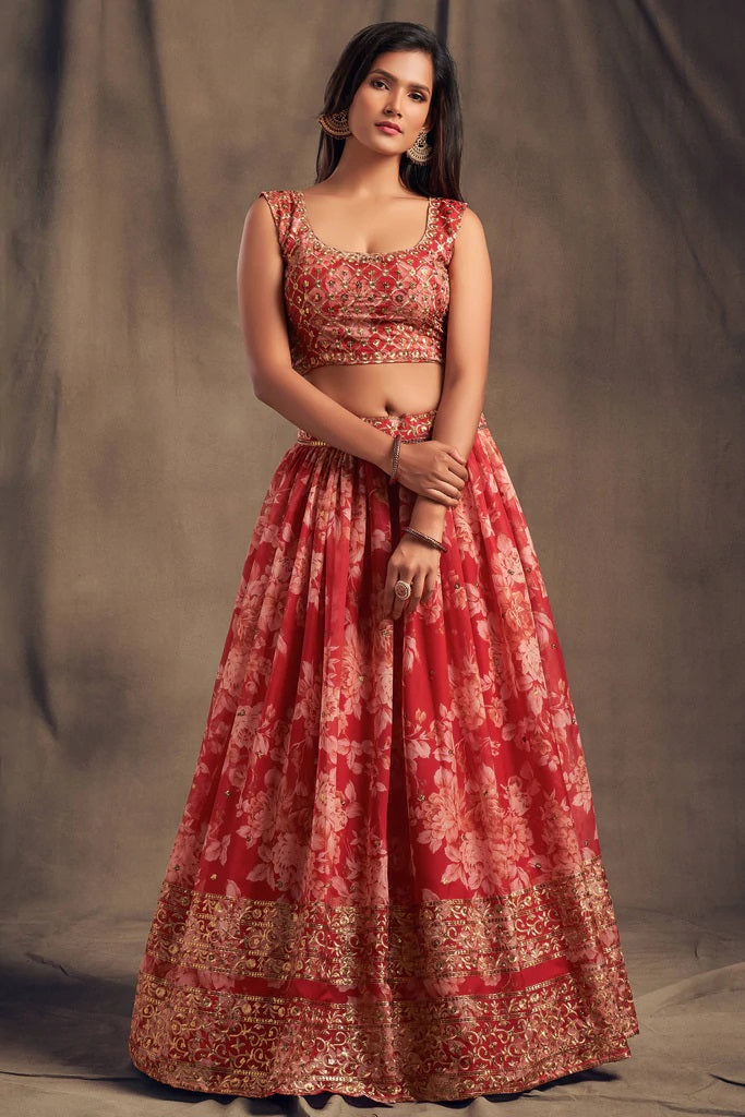 Red Zari Embroidery Organza Occasional Wear Lehenga
