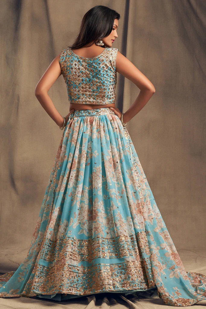 Sky Blue Zari Embroidery Organza Occasional Wear Lehenga Choli