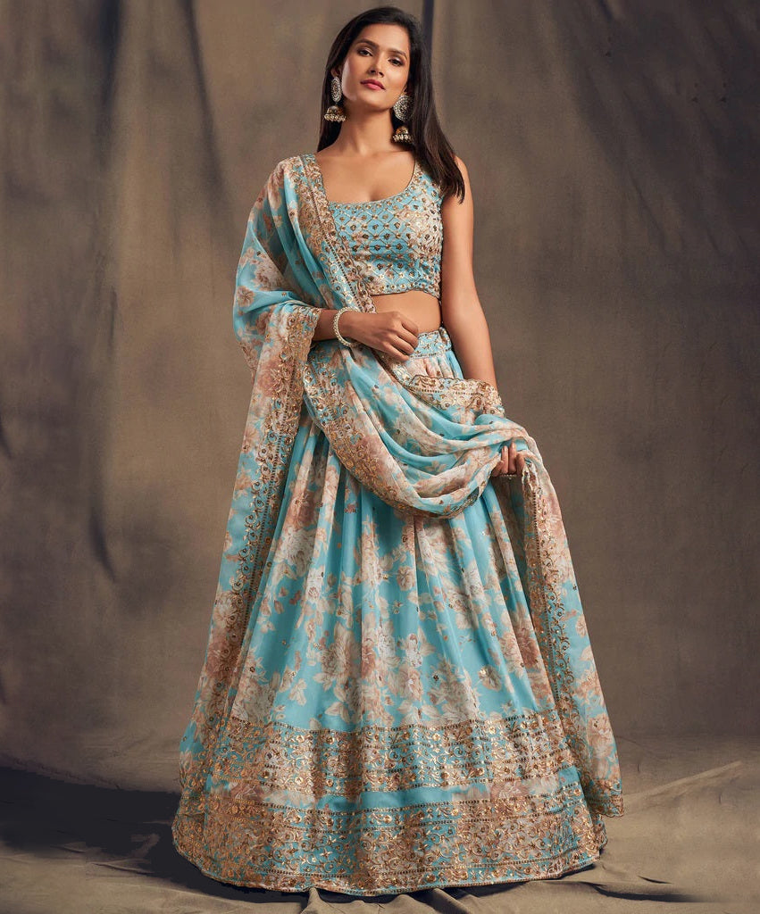 Sky Blue Zari Embroidery Organza Occasional Wear Lehenga Choli