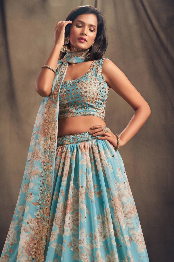 Sky Blue Zari Embroidery Organza Occasional Wear Lehenga Choli