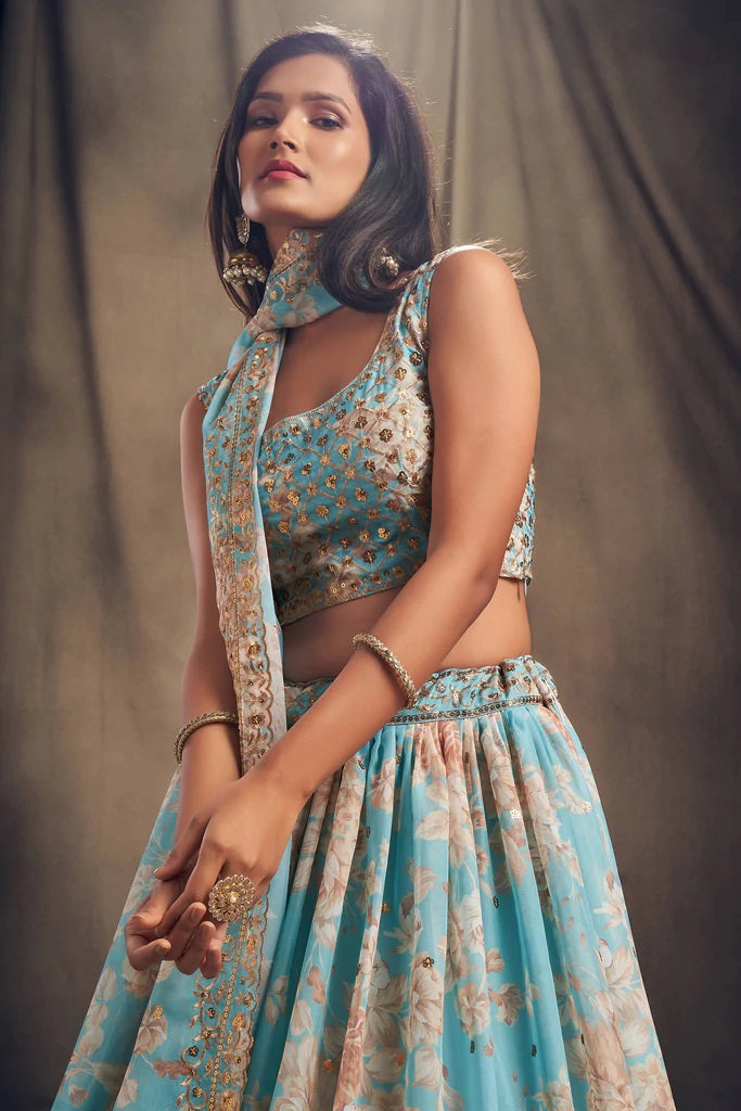 Sky Blue Zari Embroidery Organza Occasional Wear Lehenga Choli