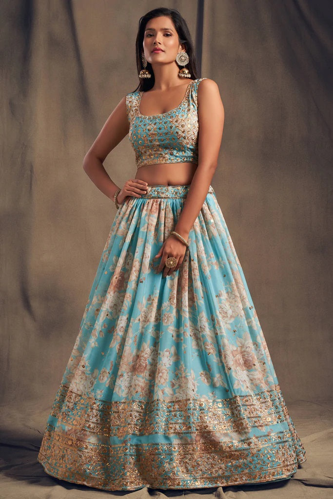 Sky Blue Zari Embroidery Organza Occasional Wear Lehenga Choli