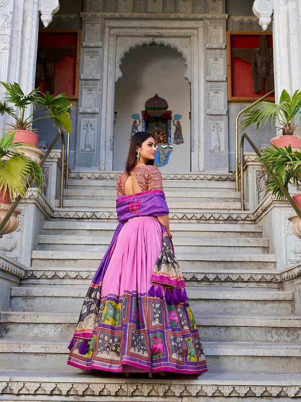 Peach Color Kalamkari With Foil Work Tussar Silk Lehenga Choli - Image 2