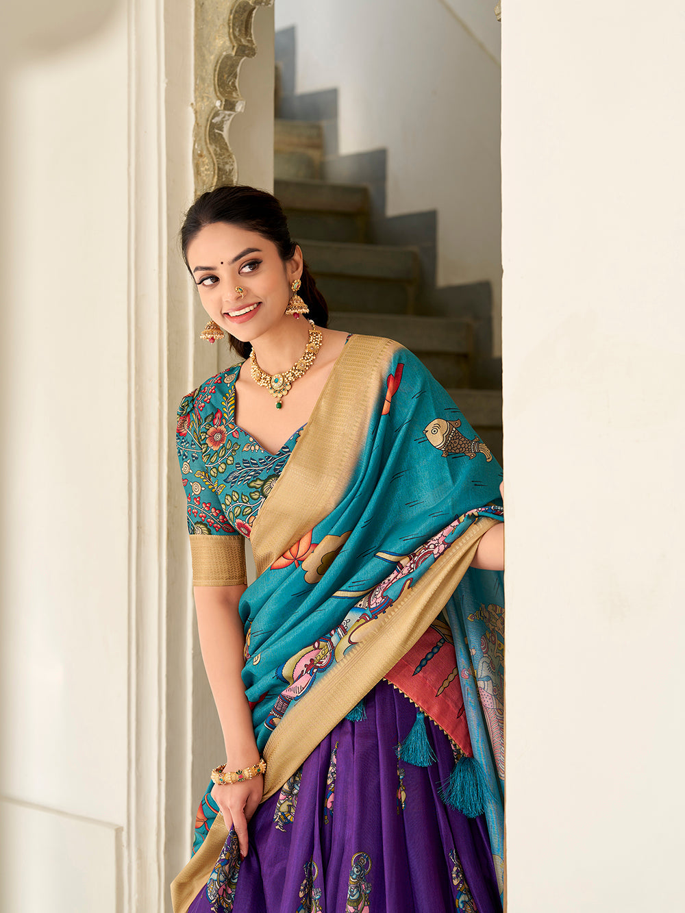 Purple Color Kalamkari Print With Weaving Border Dola Silk Lehenga Choli