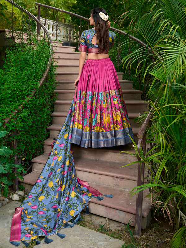 Pink Color Kalamkari Print With Zari Weaving Dola Silk South Indian Lehenga Choli - Image 2