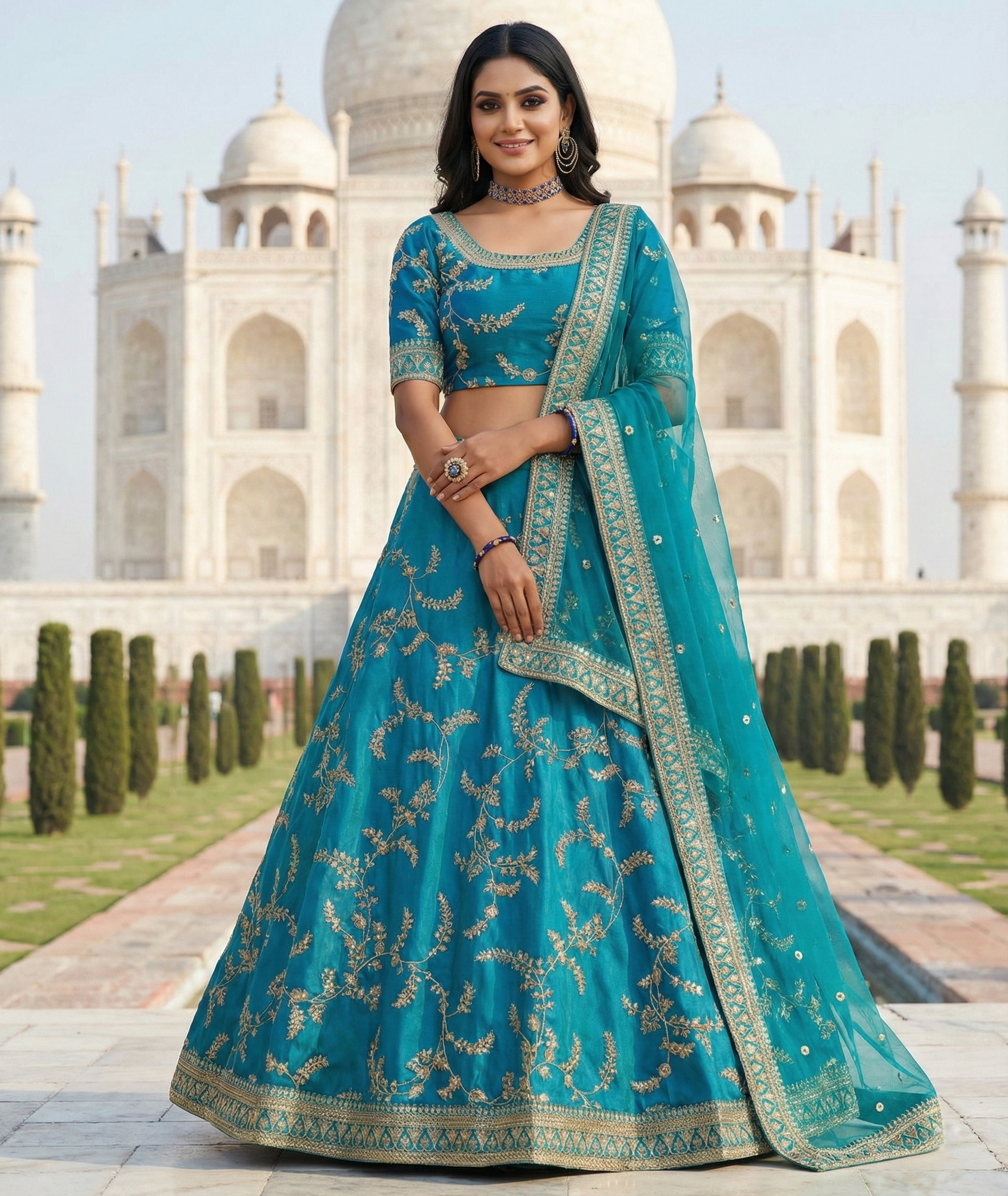 Teal Blue Embroidered Silk Wedding Lehenga