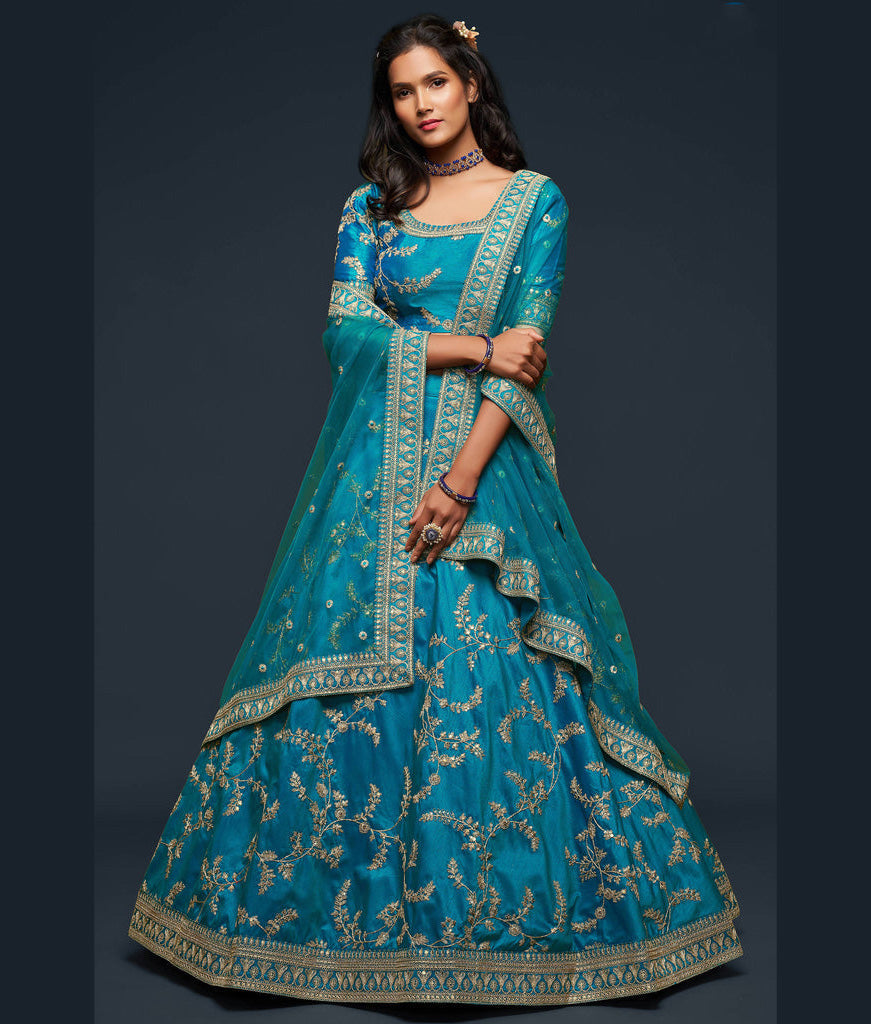 Teal Blue Embroidered Silk Wedding Lehenga