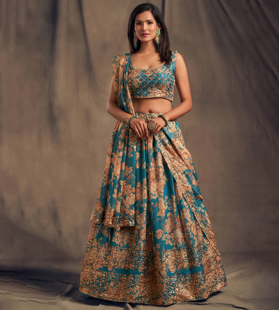 Teal Blue Zari Embroidery Organza Occasional Wear Lehenga Choli