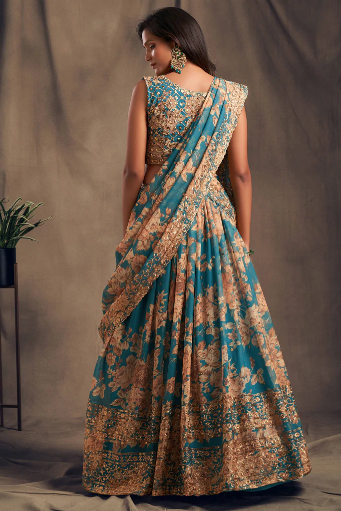 Teal Blue Zari Embroidery Organza Occasional Wear Lehenga Choli