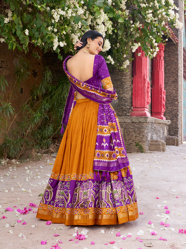 Mustard Color Patola Printed Tussar Silk Lehenga Choli - Image 2