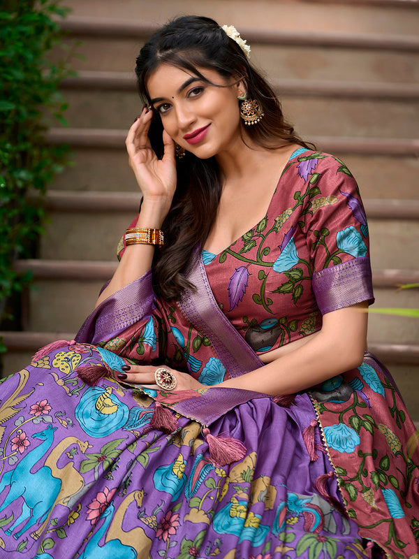 Lavender Color Kalamkari Print With Zari Weaving Dola Silk Voni Lehenga Choli - Image 3