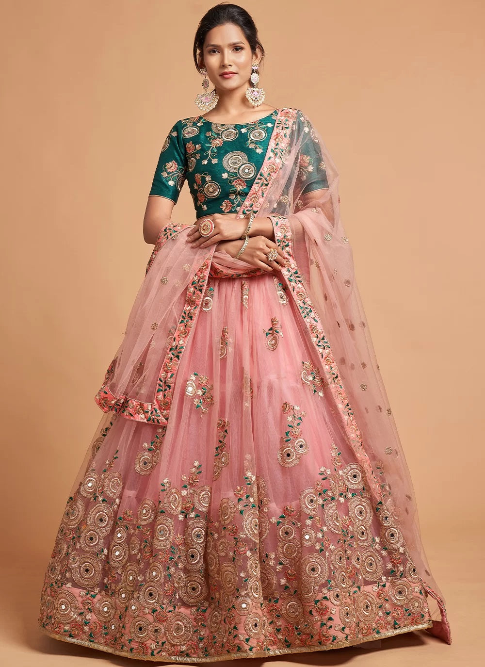 Trendy Peach Dori Work Net A Line Lehenga Choli