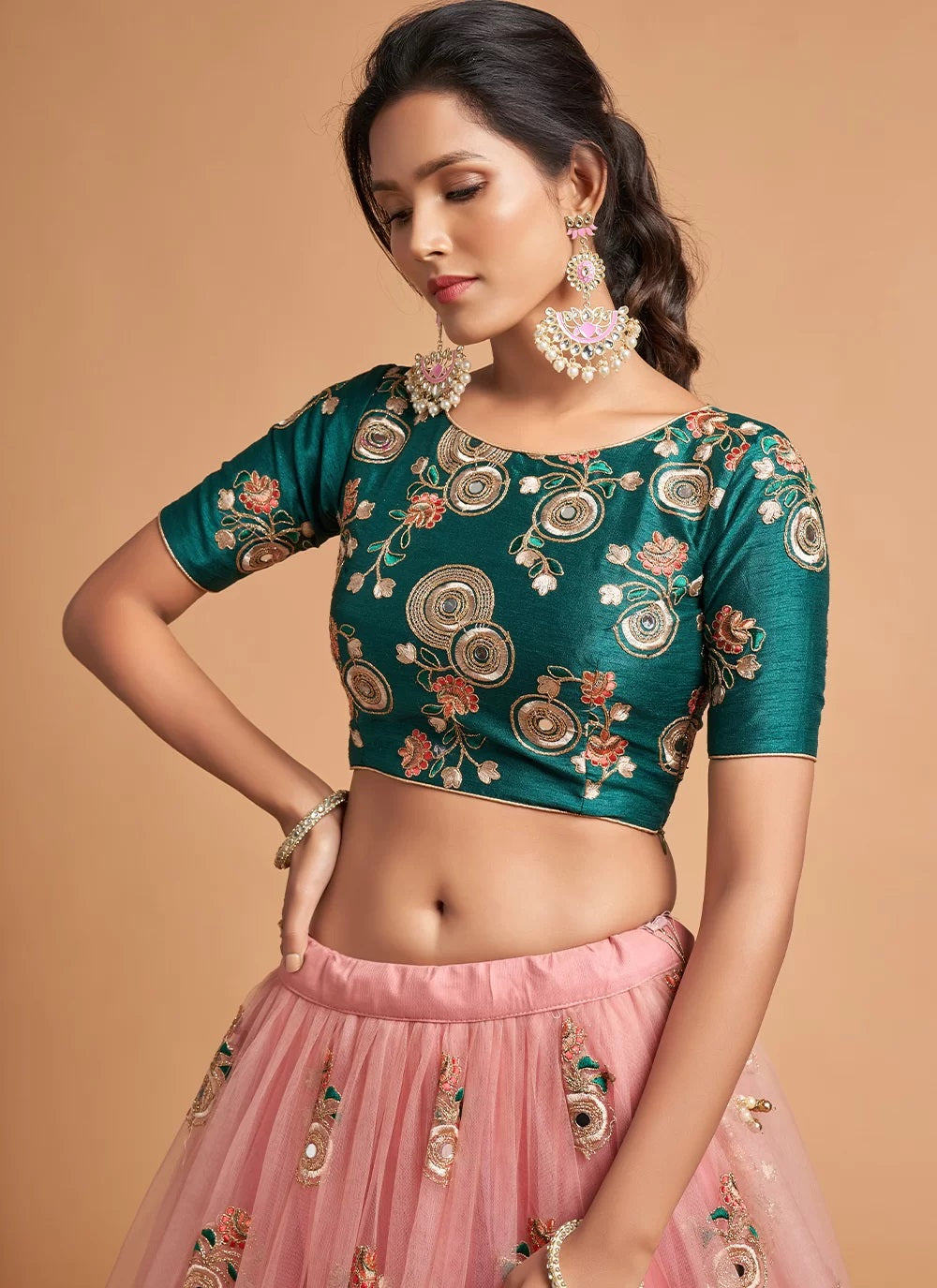 Trendy Peach Dori Work Net A Line Lehenga Choli