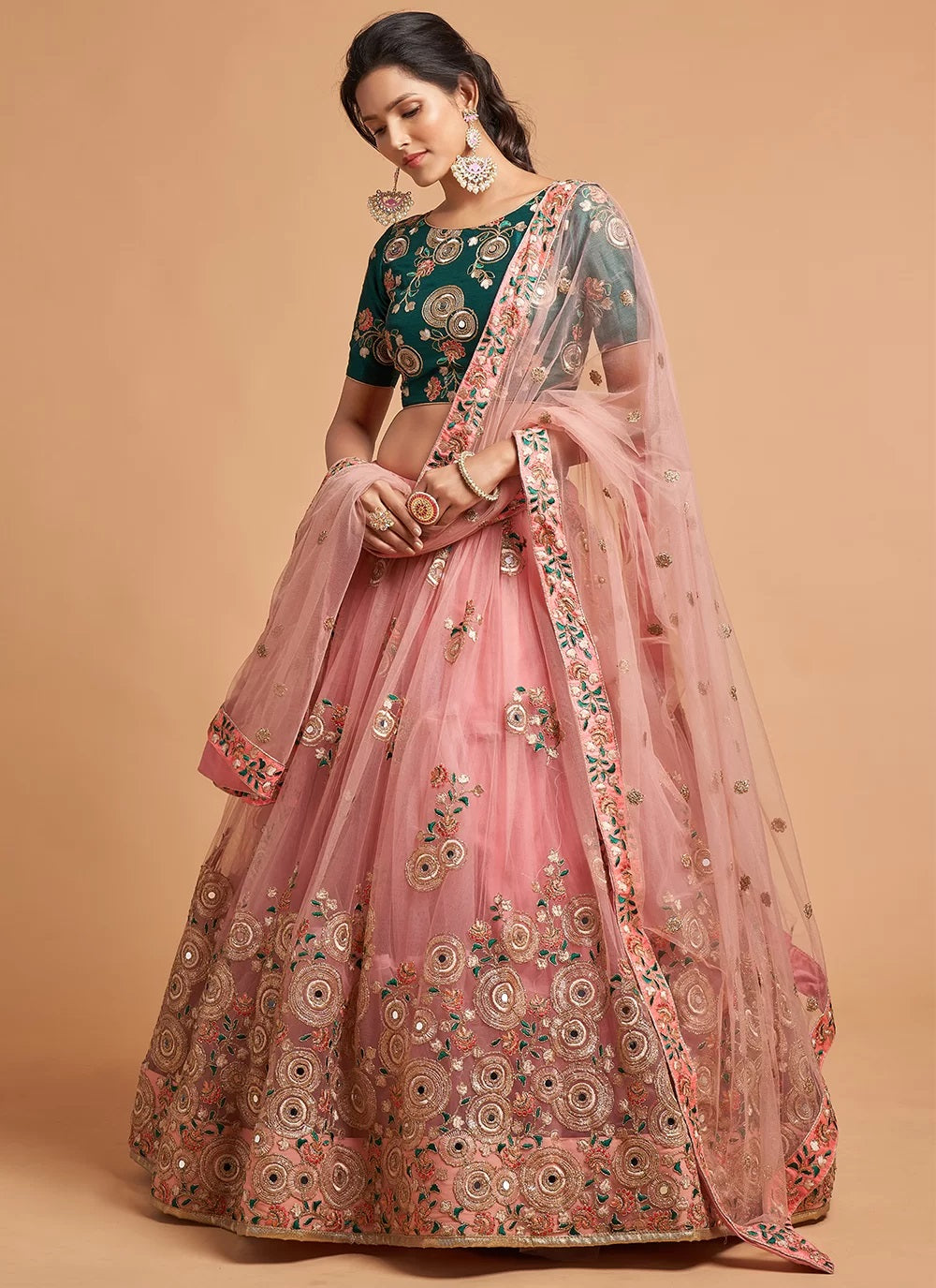 Trendy Peach Dori Work Net A Line Lehenga Choli