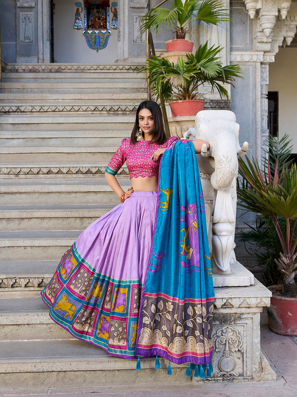 Lavender Color Kalamkari With Foil Work Tussar Silk Lehenga Choli - Image 1