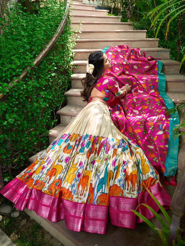 White Color Kalamkari Print With Zari Weaving Dola Silk Lehenga Choli - Image 2