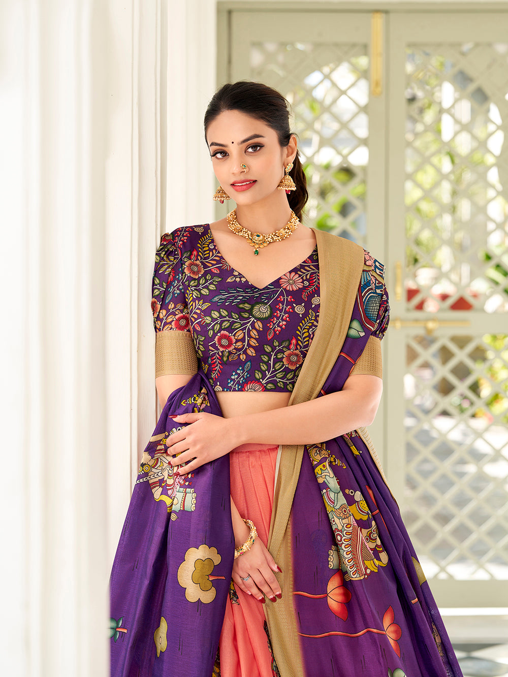 Peach Color Kalamkari Print With Weaving Border Dola Silk Lehenga Choli