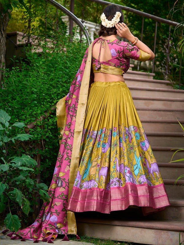 Mustard Color Kalamkari Print With Zari Weaving Dola Silk Pattu Lehenga Choli - Image 2