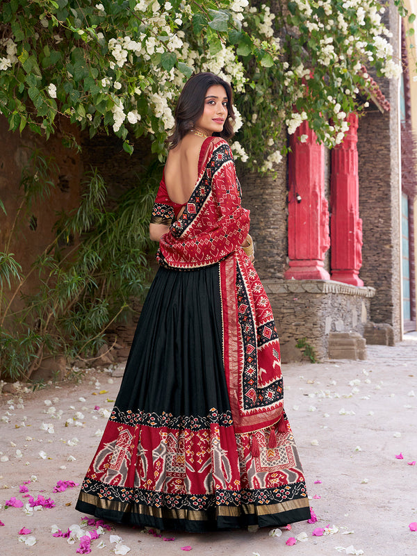 Black Color Patola Printed Tussar Silk Lehenga Choli - Image 4