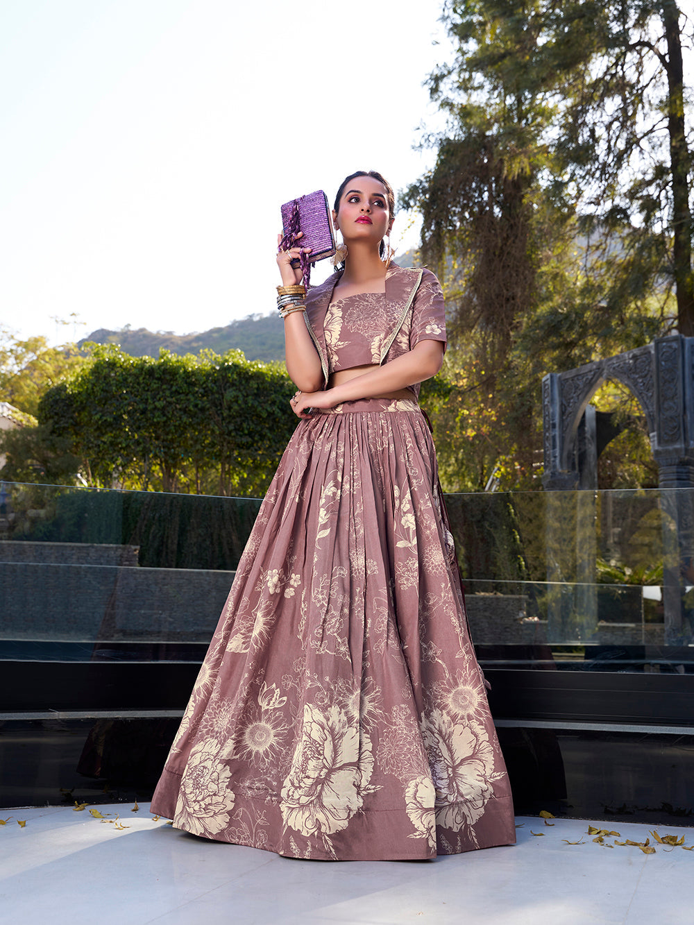 Onion Floral Print Tussar Silk Co-ord Set lehenga Choli