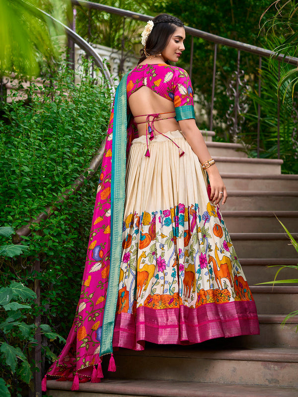 White Color Kalamkari Print With Zari Weaving Dola Silk Lehenga Choli - Image 3