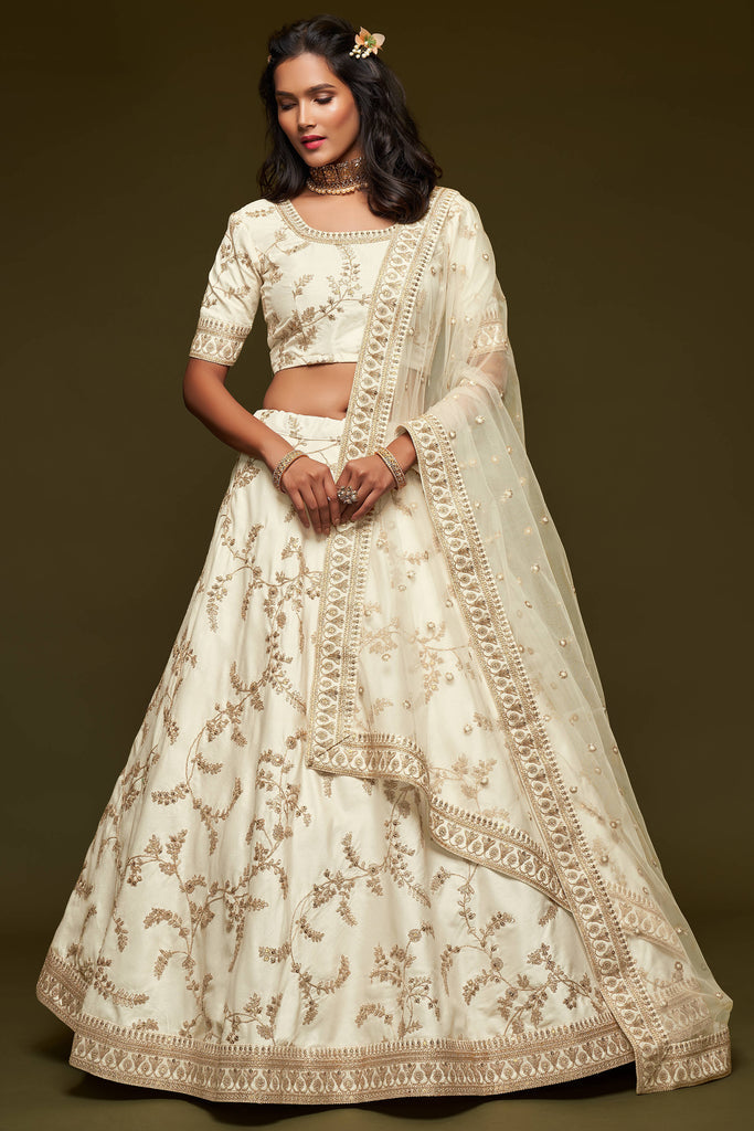 White Thread Embroidered Silk Wedding Wear traditional Lehenga