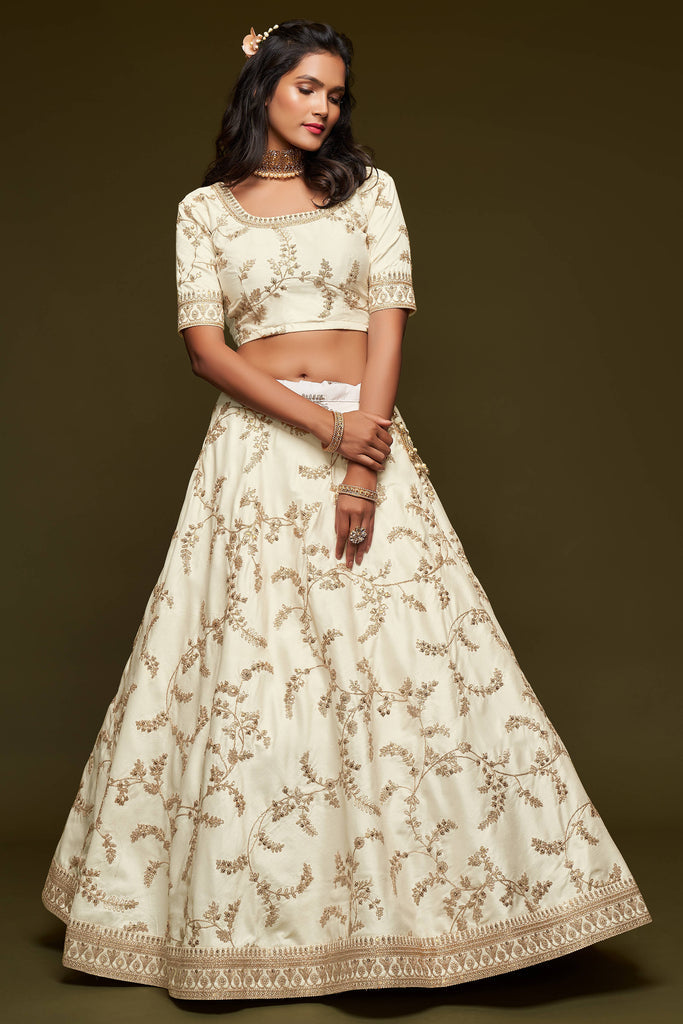 White Thread Embroidered Silk Wedding Wear traditional Lehenga