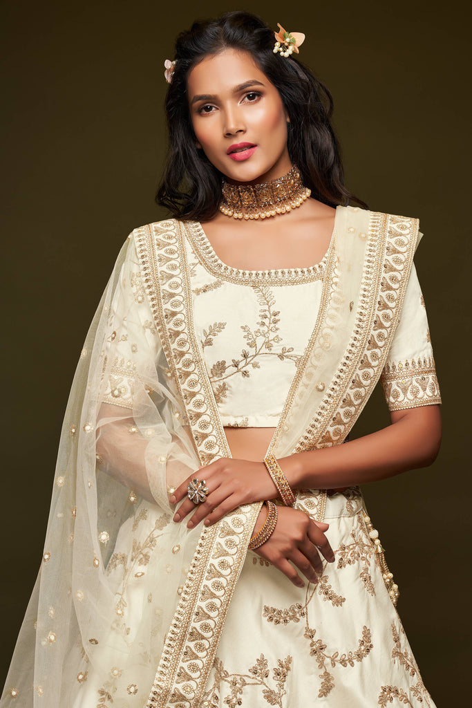 White Thread Embroidered Silk Wedding Wear traditional Lehenga