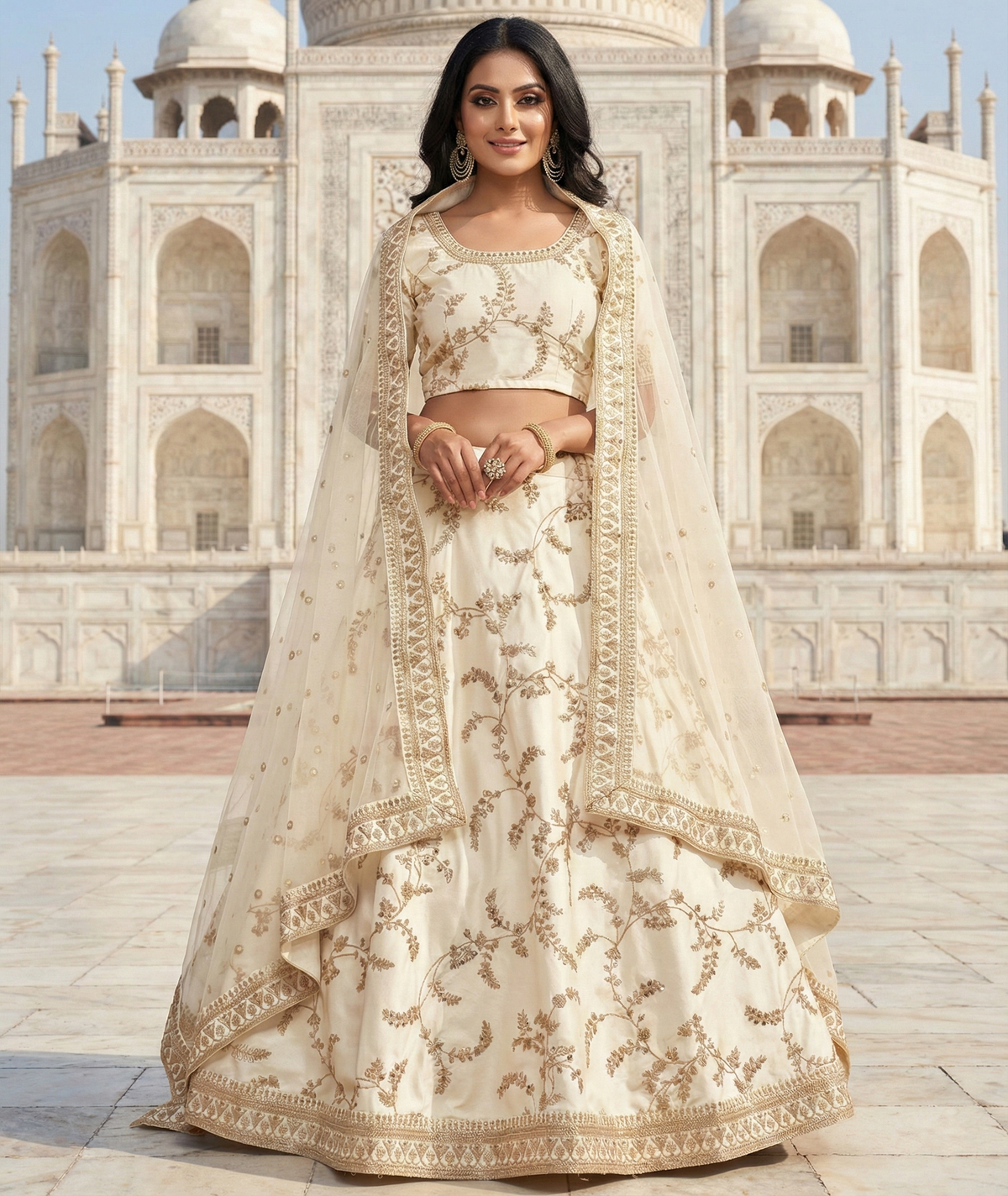 White Thread Embroidered Silk Wedding Wear traditional Lehenga