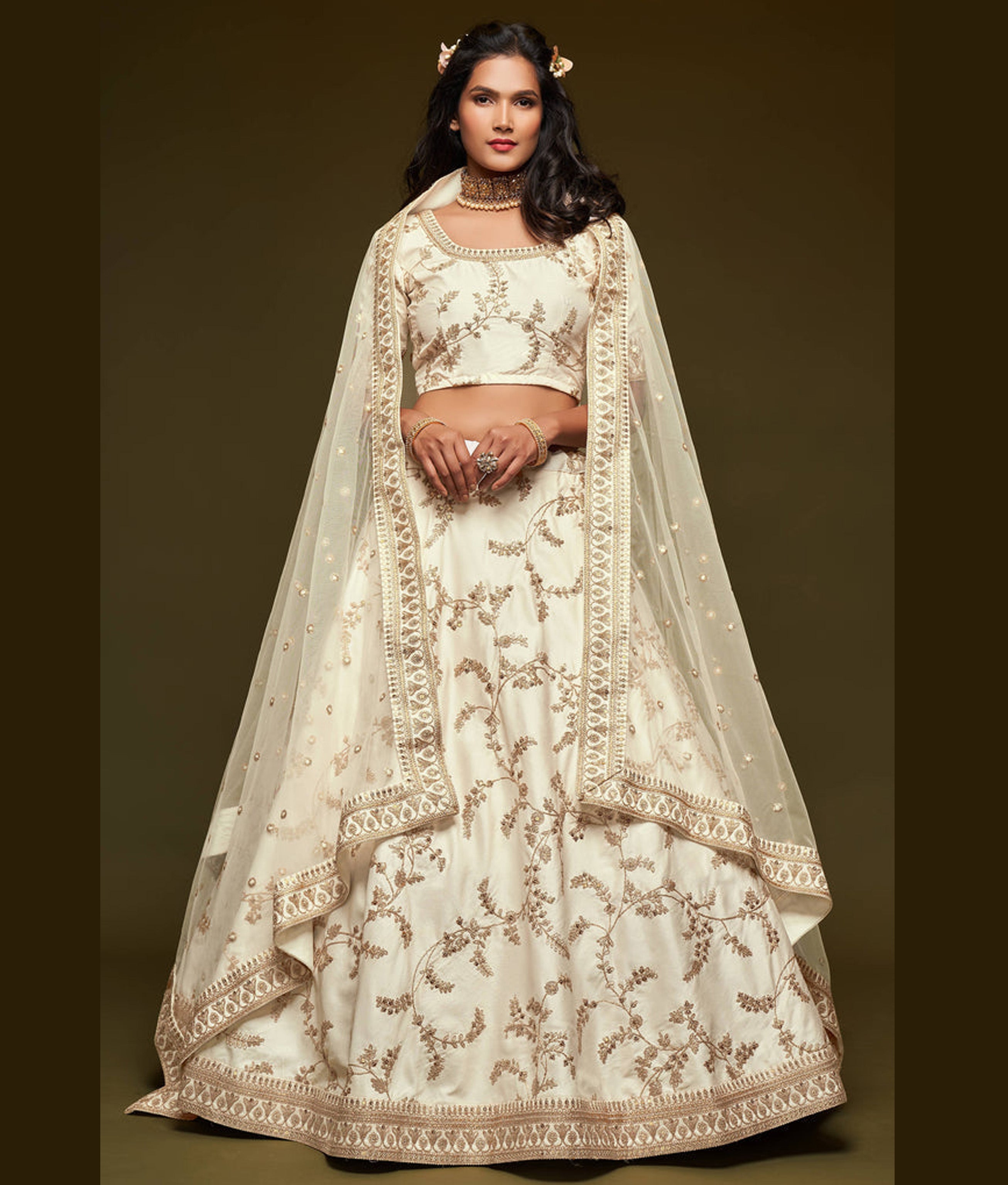White Thread Embroidered Silk Wedding Wear traditional Lehenga