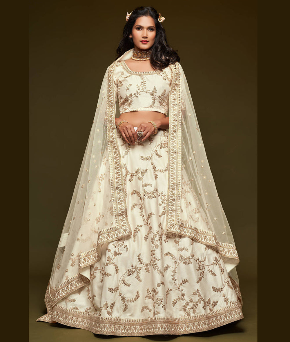 White Thread Embroidered Silk Wedding Wear traditional Lehenga