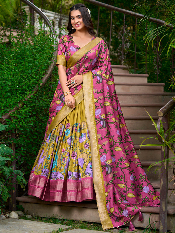 Mustard Color Kalamkari Print With Zari Weaving Dola Silk Pattu Lehenga Choli - Image 3