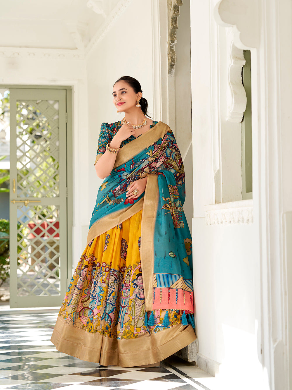 Yellow Color Kalamkari Print With Weaving Border Dola Silk Lehenga Choli