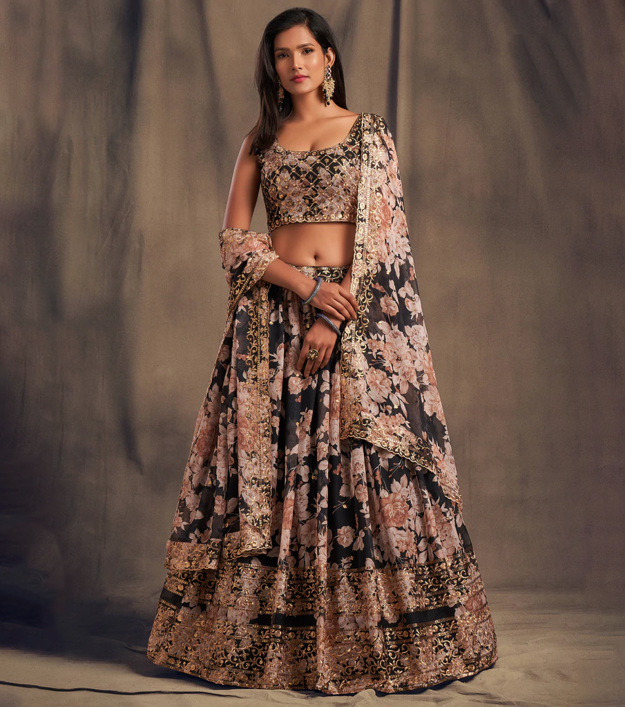 Zari Embroidery Organza Occasional Wear Semi Stitched Lehenga In Black